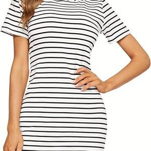 Striped Print Simple Dress, Casual Crew Neck Short Sleeve Summer Dress, Women's